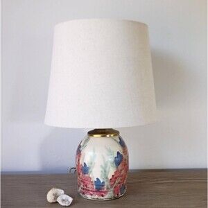 Vintage Small Cream Studio Pottery Ceramic Lamp Floral Accent Table Lamp